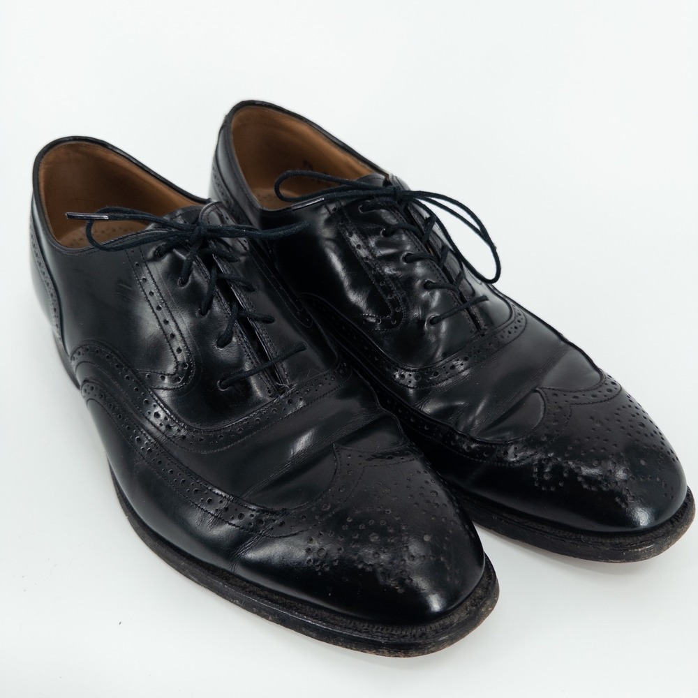 Johnston & Murphy Black Leather Wingtip Oxford Dress Shoes‎ Mens 9.5 USA Made
